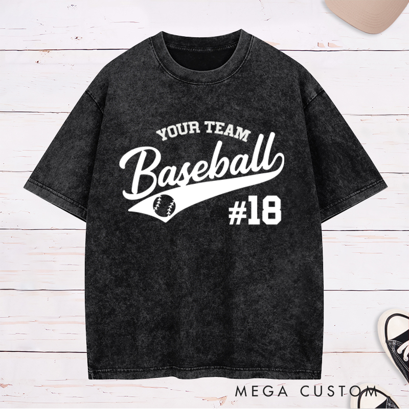 Personalized Baseball Washed T-Shirt with Custom Name and Stylish Sports Design