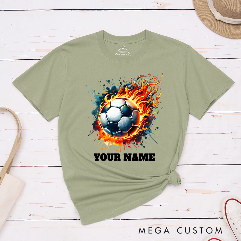 Personalized Flaming Soccer Ball T-Shirt with Custom Name  