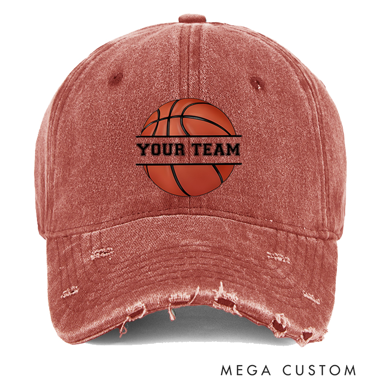 Personalized Distressed Denim Basketball Cap with Team Name and Bold Graphic Design