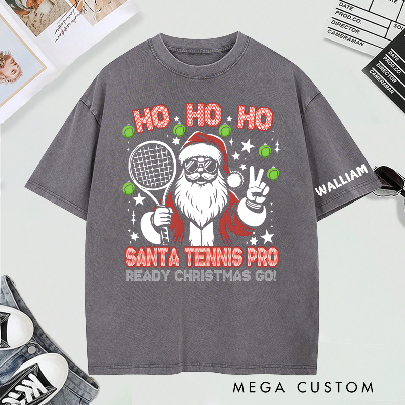 Personalized "Santa Tennis Pro" Christmas Washed T-Shirt with Custom Name
