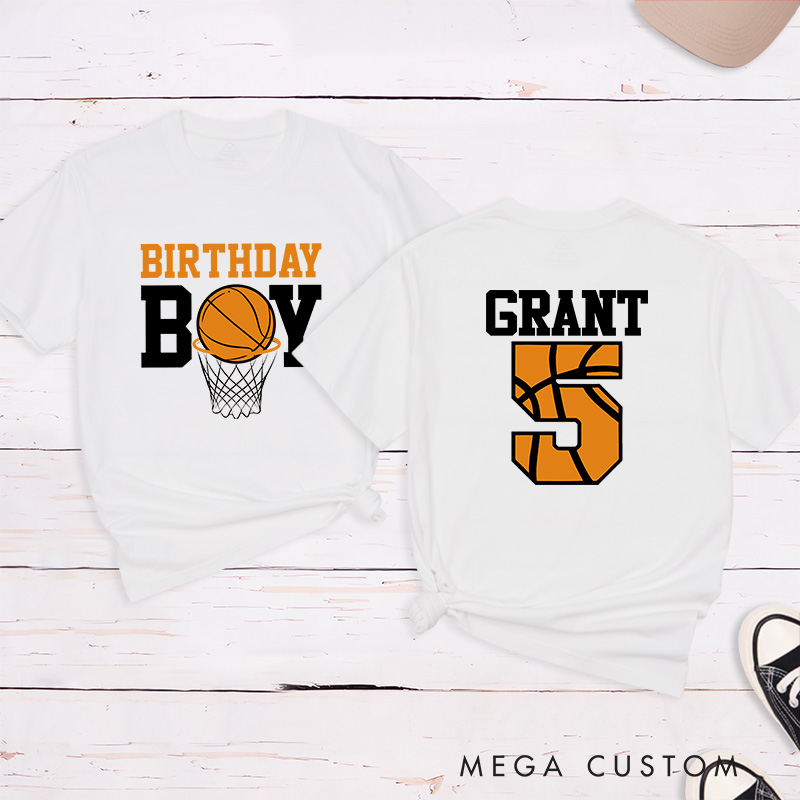 Personalized Birthday Basketball T-Shirt with Custom Name and Age Featuring a Fun Basketball and Hoop Design
