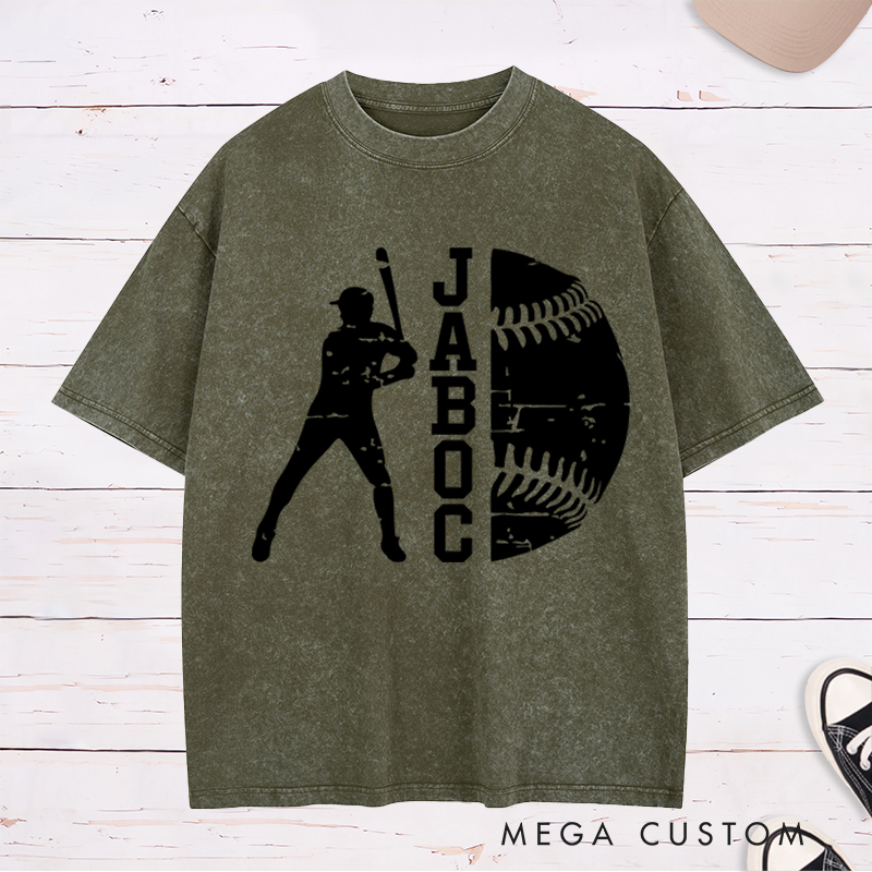 Personalized Baseball Washed T-Shirt with Batter Silhouette and Custom Name Design