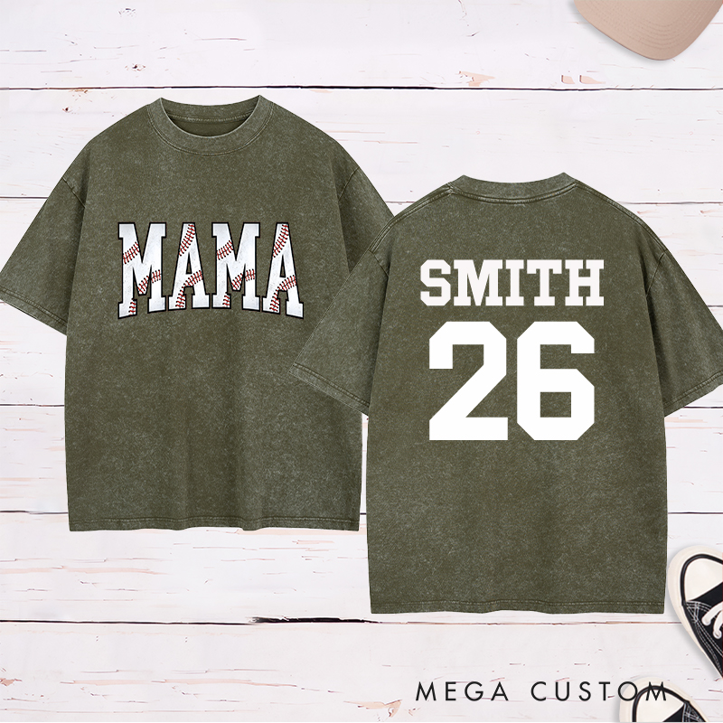 Personalized Vintage-Style "Mama" Baseball Washed T-Shirt with Custom Name and Number
