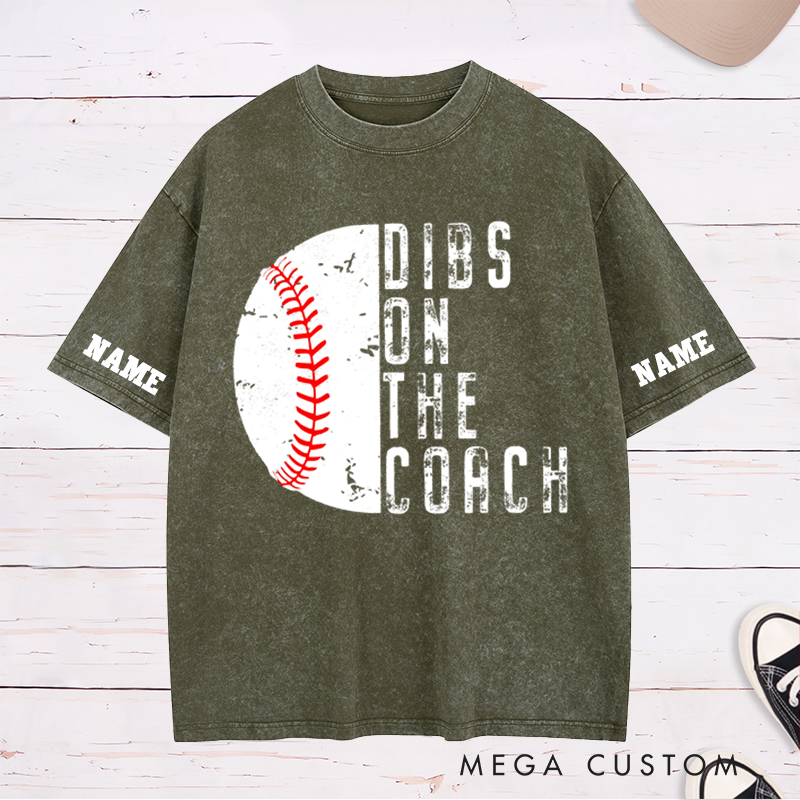 Personalized "Dibs on the Coach" Baseball Washed T-Shirt with Custom Name