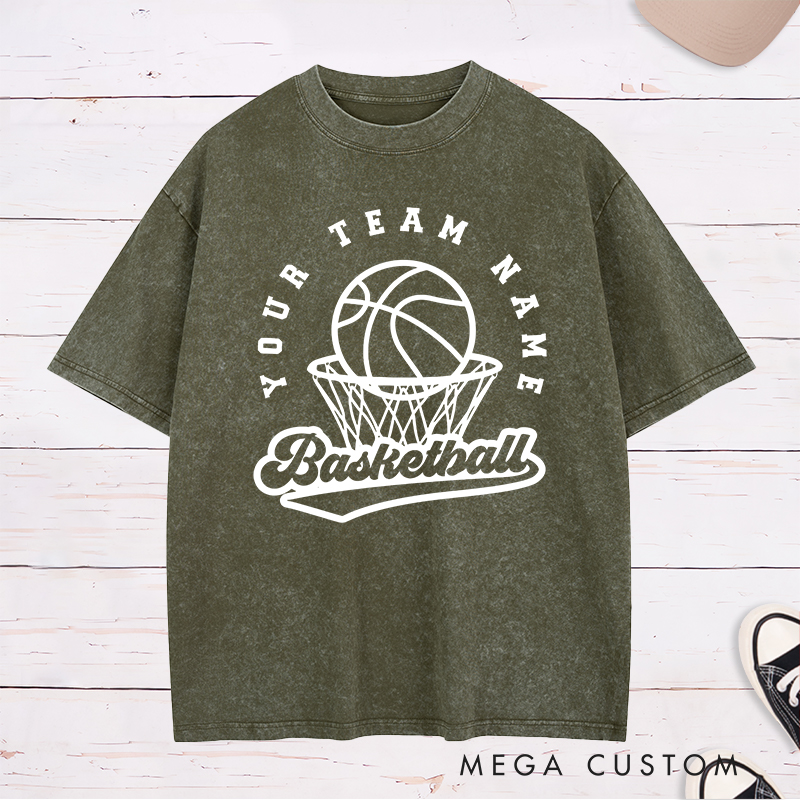 Personalized Washed T-Shirt Design Featuring Custom Team Name with Basketball Hoop and Ball Graphic for a Classic Sporty Look