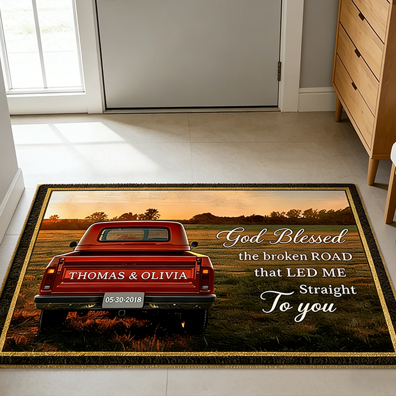 Personalized Couple Gifts Custom Truck Door Mat with Names Vintage Pickup Entry Doormat for Home Decor