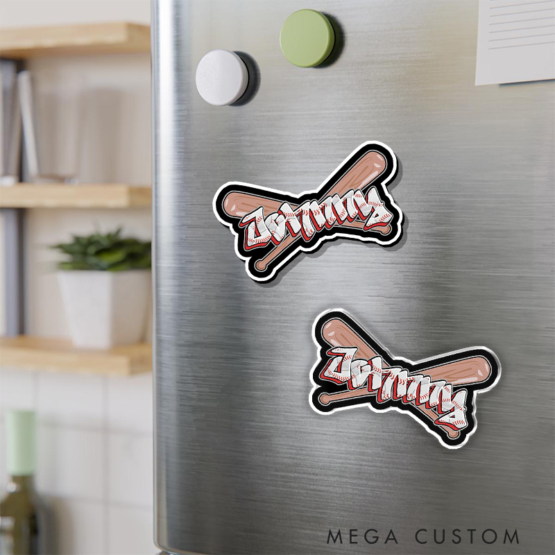 Personalized Athletic Fridge Magnet with Graffiti-Style Text and Baseball Bats