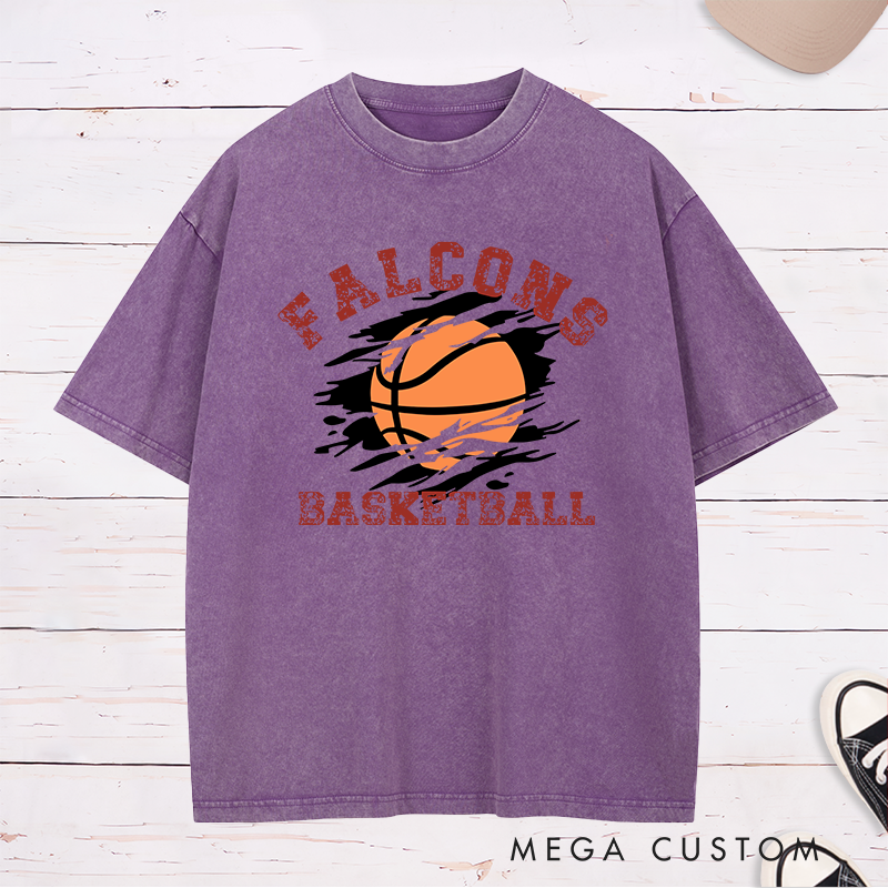 Personalized Washed T-Shirt Design Featuring Distressed Custom Team Name with Dynamic Basketball Graphic and Bold Vintage-Inspired Aesthetic