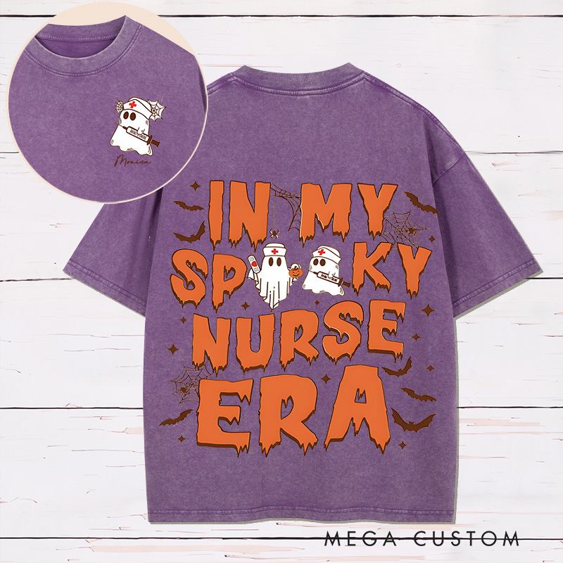 Personalized Two Sides Printed Washed T-Shirt Customized In My Spooky Nurse Era Design Washed T-Shirt 