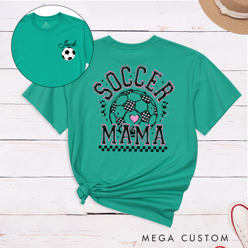 Personalized Soccer Mama T-Shirt with Vibrant Pink Details and Custom Name and Number 