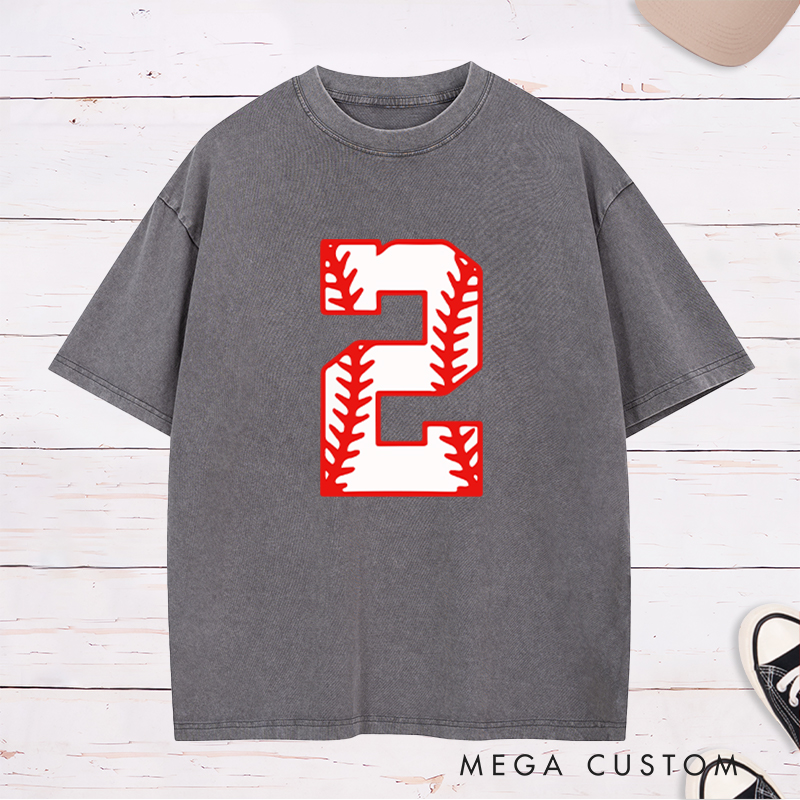 Personalized Athletic Washed T-Shirt with Bold Baseball Stitch Number Graphic