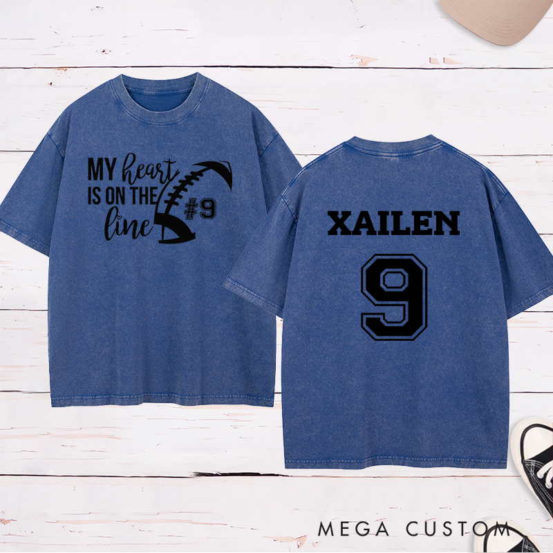 Personalized American Football and Rugby Washed T-Shirts for "My Heart On The Line" with Custom Name and Number Jersey