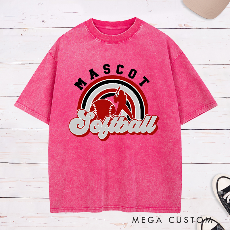 Personalized Softball Washed T-Shirt Design Featuring Custom Team Name Retro Rainbow Graphic Player Silhouette and Bold Typography