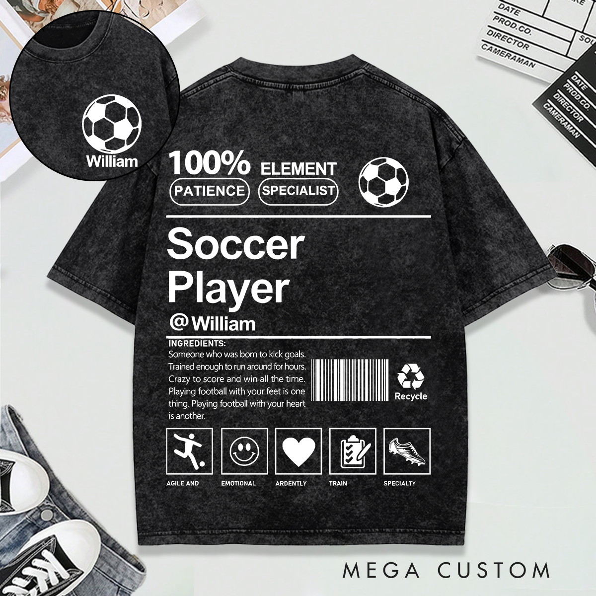 Personalized Sports Washed T-Shirt Custom Name and Unique Design for Soccer Basketball Volleyball and Hockey Lovers