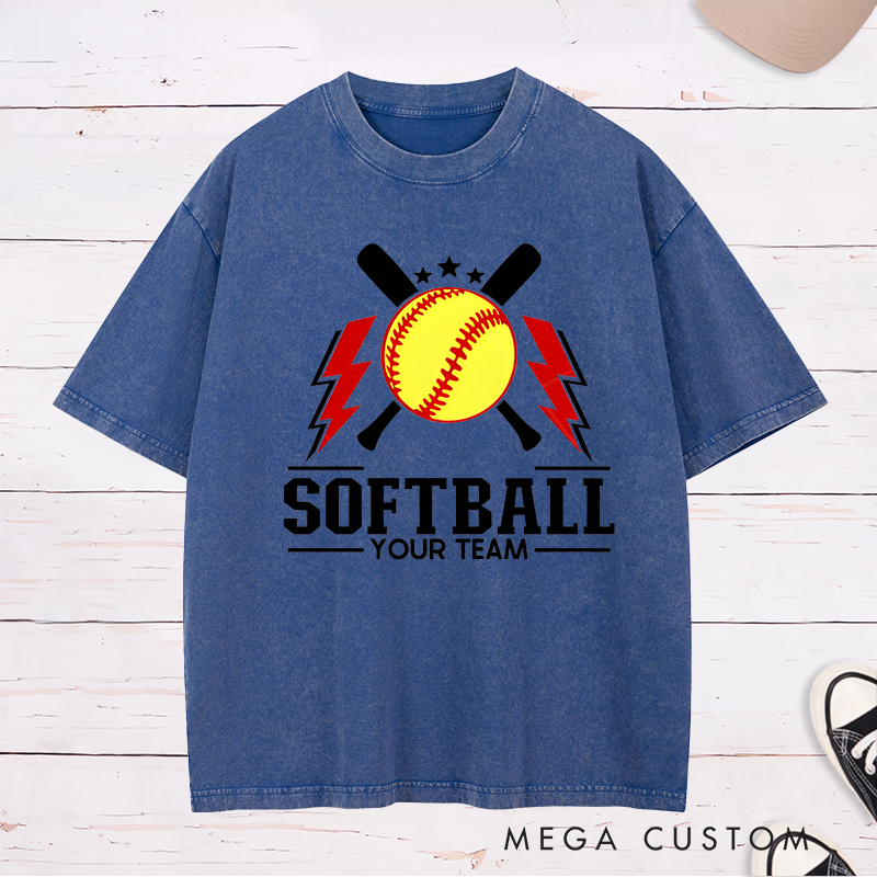 Personalized Softball Team Washed T-Shirt Design Featuring Customizable Team Name Bold Softball Graphics Crossed Bats and Striking Lightning Elements