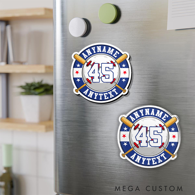 Personalized Sports Fridge Magnet Featuring Team Name, Number, and Star Accents  
