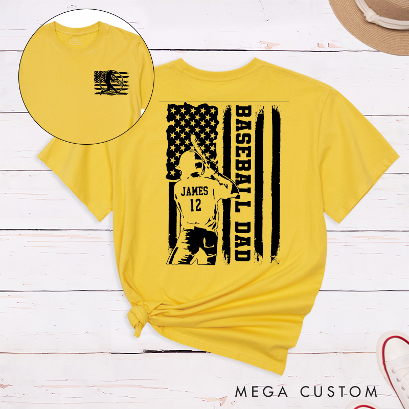 Personalized Baseball Dad T-Shirt with Patriotic Flag and Custom Name and Number