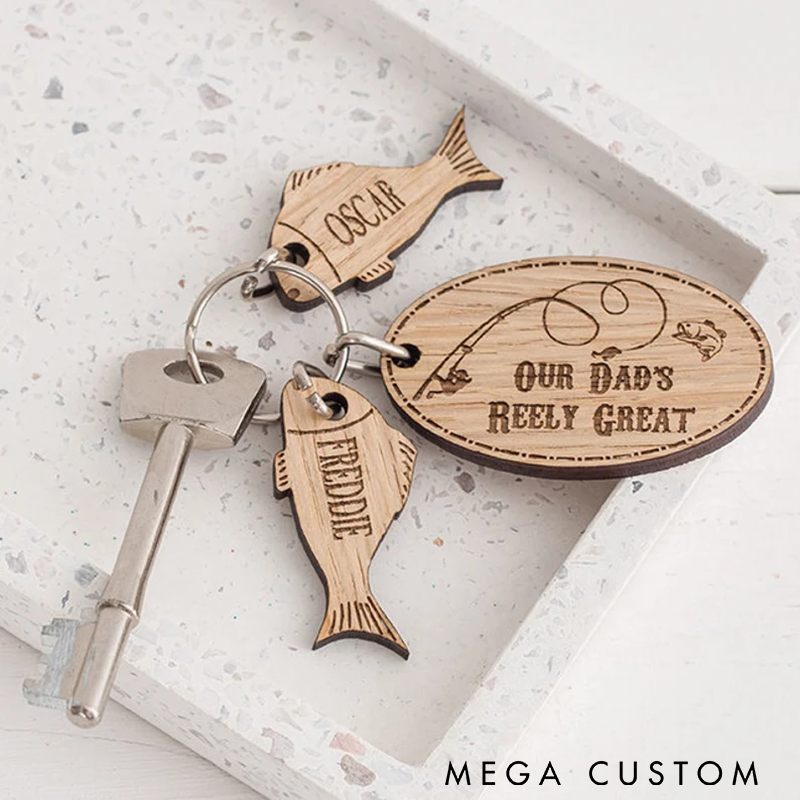 Personalized Fishing Keychain Wooden Design Engraved Names Birthday or Christmas Gift Perfect Gift for Dad Grangpa Father's Day or Fishing Enthusiasts