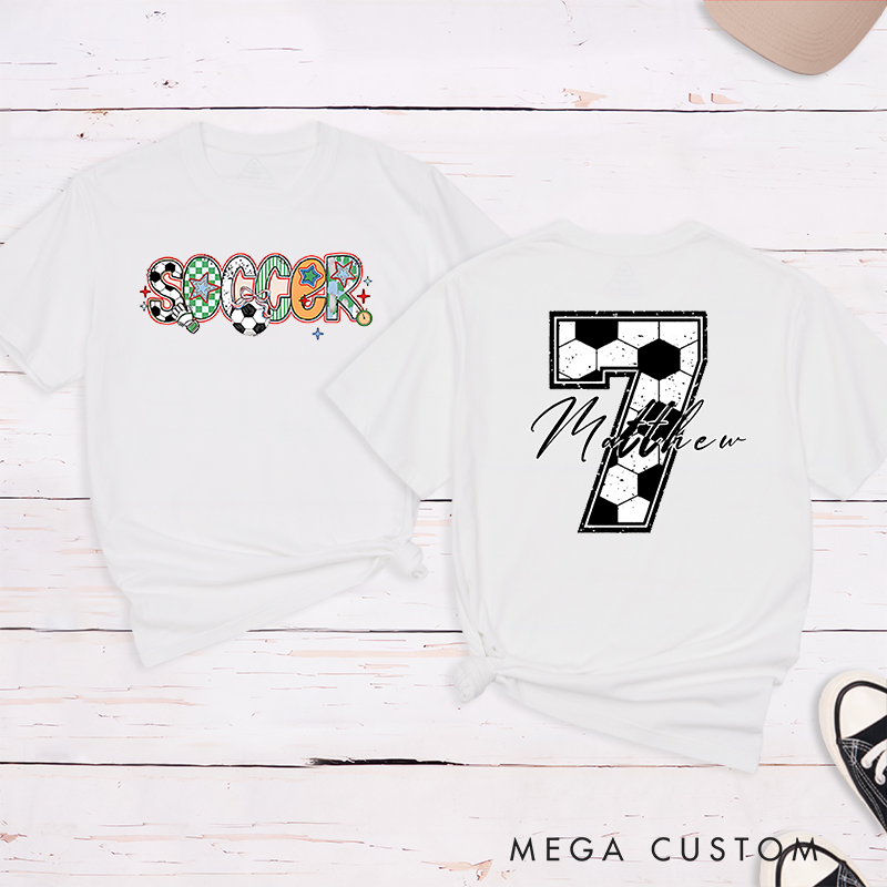 Personalized Soccer T-Shirt with Colorful Patterned Lettering and Custom Name and Number