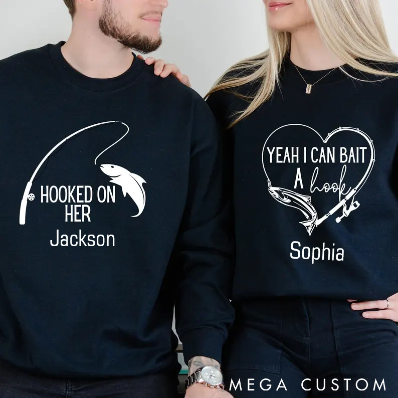 Personalized Fishing Couple Sweatshirts Valentines Sweatshirt Hooked on Her and Bait a Hook Design Custom Names Perfect Gift for Fishing Lovers