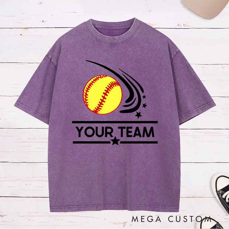 Personalized Softball Team Washed T-Shirt Design Featuring Customizable Team Name Dynamic Softball Motion Graphic and Star Accents