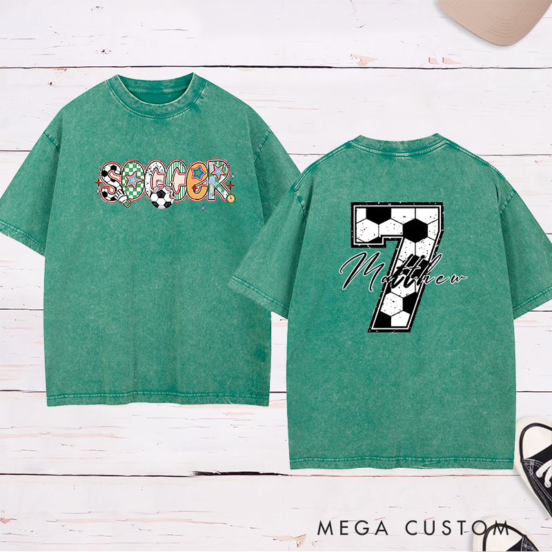 Personalized Soccer Washed T-Shirt with Colorful Patterned Lettering and Custom Name and Number