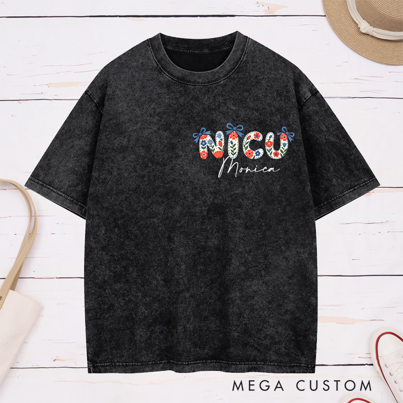 Personalized Nurse Washed T-Shirt Customized NICU Floral Accent Graphic Design Washed T-Shirt 