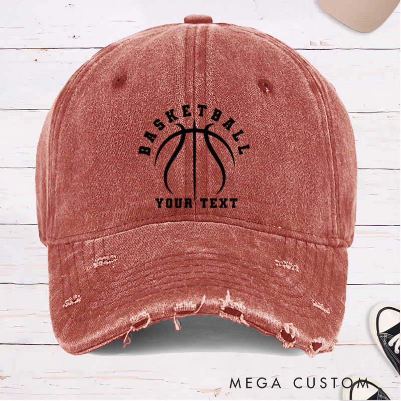 Personalized Distressed Denim Basketball Cap with Custom Text and Basketball Graphic Design