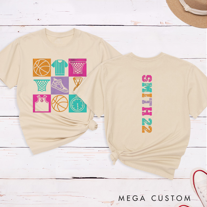 Personalized Basketball T-Shirt Design Featuring Colorful Sports-Themed Graphics on the Front with Customizable Name and Number on the Back