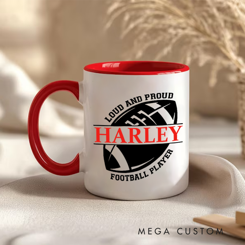 Personalized Rugby Mug with Custom Name Loud and Proud Football Player Design Durable Ceramic and Two Tone Handle