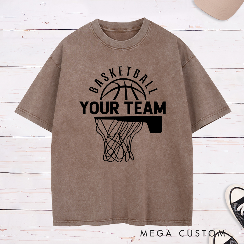 Personalized Washed T-Shirt Design Featuring a Basketball Hoop and Arched Basketball Text with a Customizable Team Name