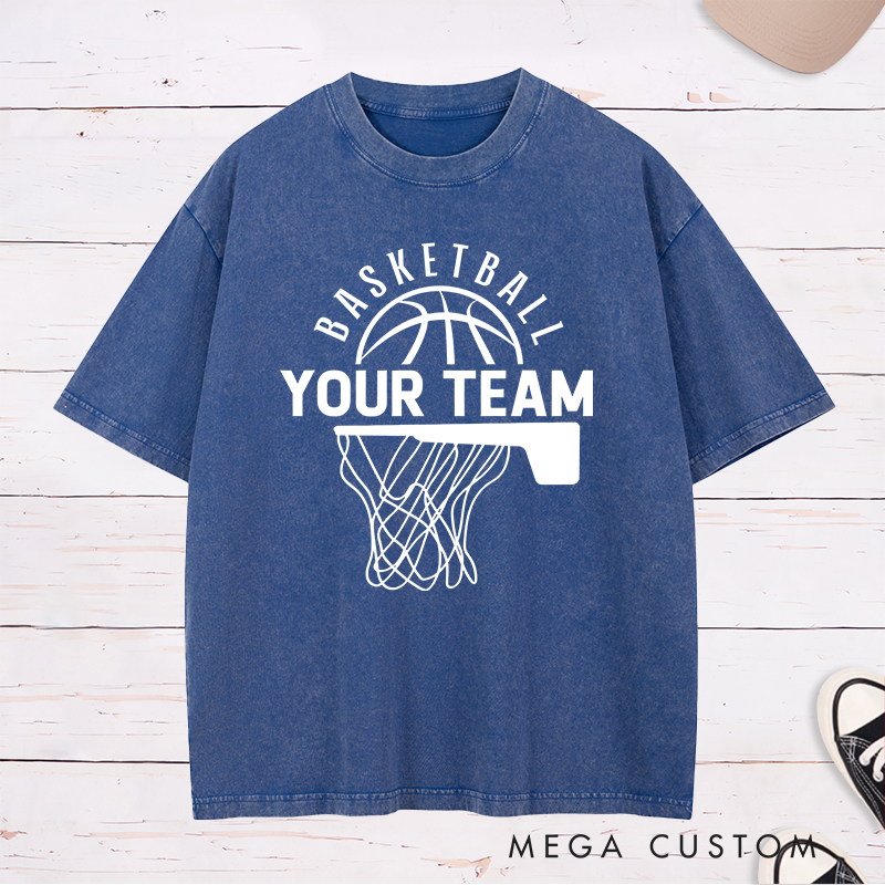 Personalized Washed T-Shirt Design Featuring a Basketball Hoop and Arched Basketball Text with a Customizable Team Name