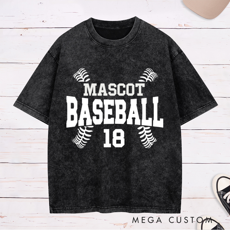 Personalized Baseball Washed T-Shirt Designed with Team Name, Number, and Stylish Stitch Graphics