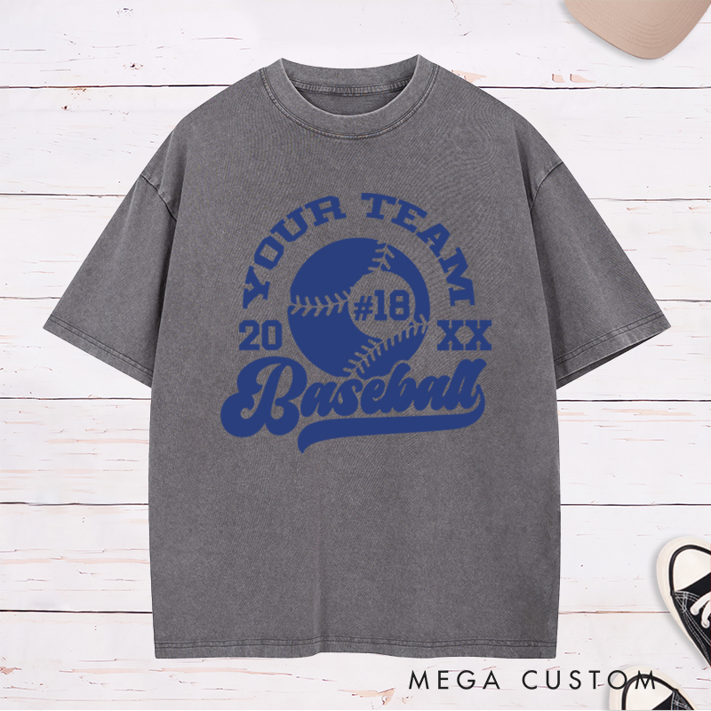 Personalized Baseball Washed T-Shirt with Custom Team Name, Player Number, and Year Design