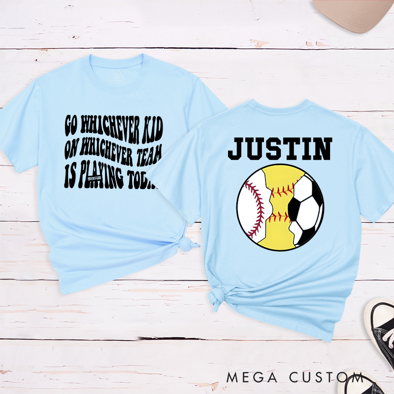Personalized Sports T-Shirt Featuring Baseball Soccer and Softball Graphics with Customizable Back