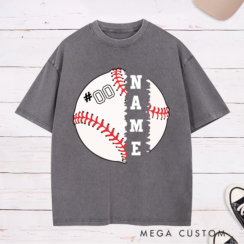 Personalized Baseball Graphic Washed T-Shirt with Split Design and Custom Name and Number