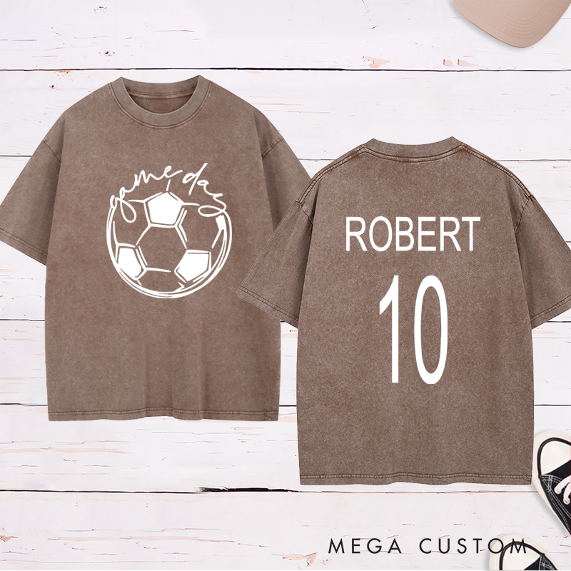 Personalized Washed Soccer T-Shirt with Custom Name, Number, and "Game Day" Graphic Design
