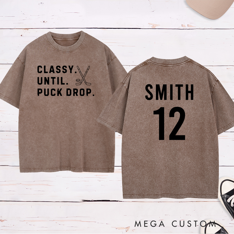 Personalized "Classy Until Puck Drop" Hockey Washed T-Shirt with Custom Name and Number