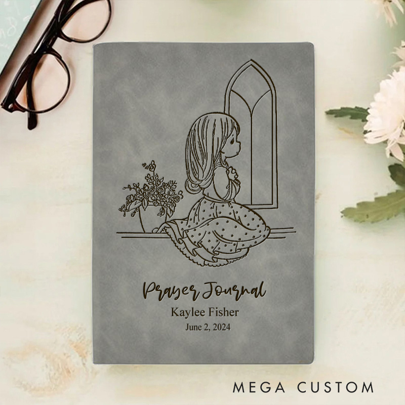 Personalized Little Girl at the Window Prayer Journal Leather A5 Notebook with Name and Date First Communion Birthday Gift for Girls