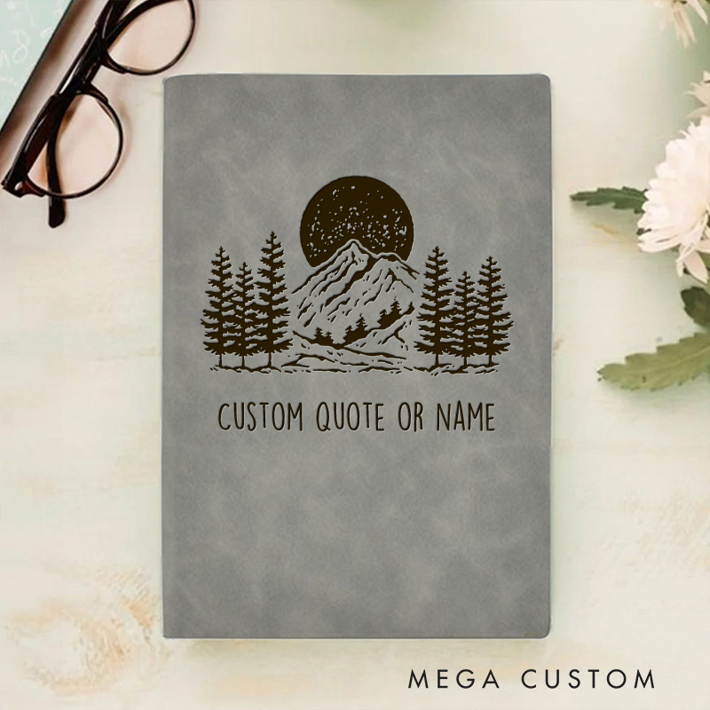 Personalized Mountain Under Moonlit Sky Christian Quote Journal Leather A5 Notebook with Name Religious Bible Verse Church Gift Back to School Gift