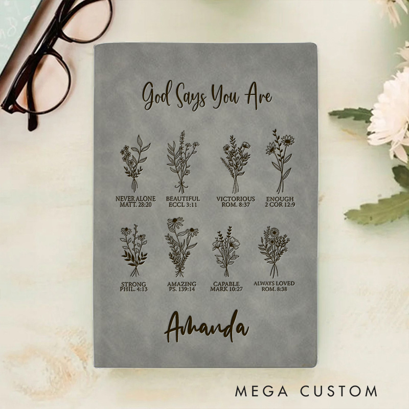 Personalized God Says You Are Prayer Journal Leather A5 Notebook with Name Custom Positive Affirmation Journal Religious Gift Christian Gift for Women