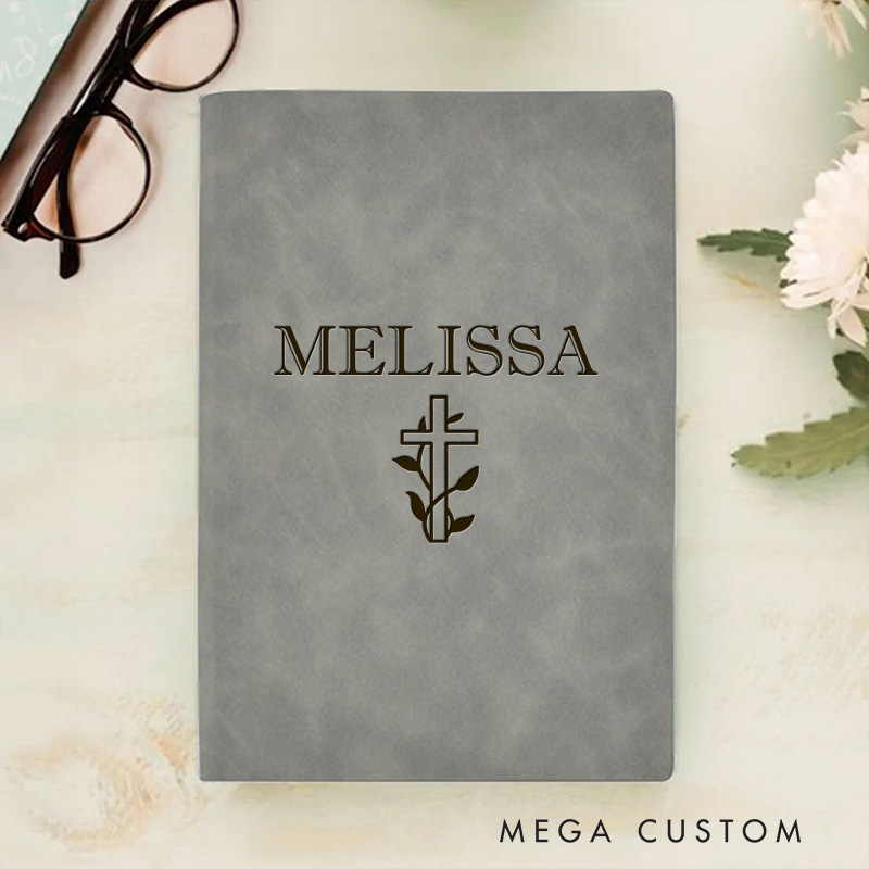 Personalized Cross with Leaves Prayer Journal Leather A5 Notebook with Name Religious Gift Birthday Gift for Christian Baptism & Christening Gift