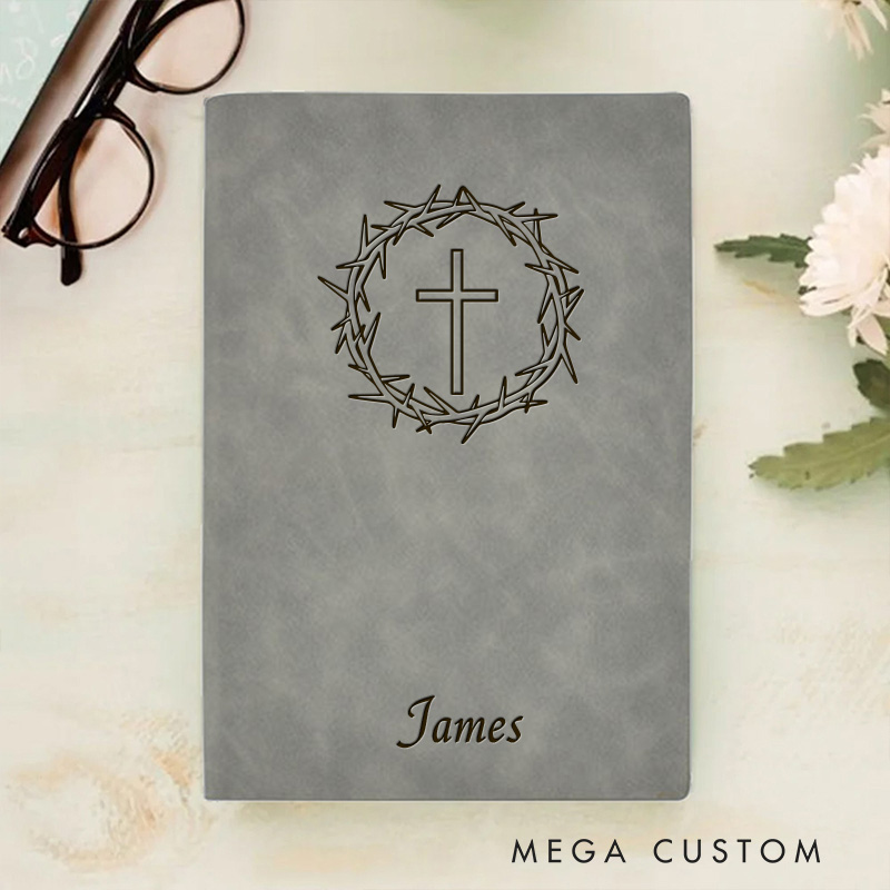 Personalized Cross and Thorns Journal Leather A5 Notebook with Name Religious Prayer Notebook Birthday Easter Christmas Gift for Christians