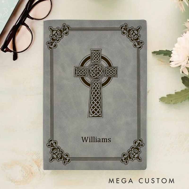 Personalized Celtic Cross with Elegant Decorative Border Prayer Journal Leather A5 Notebook with Name Religious Gift for Christians