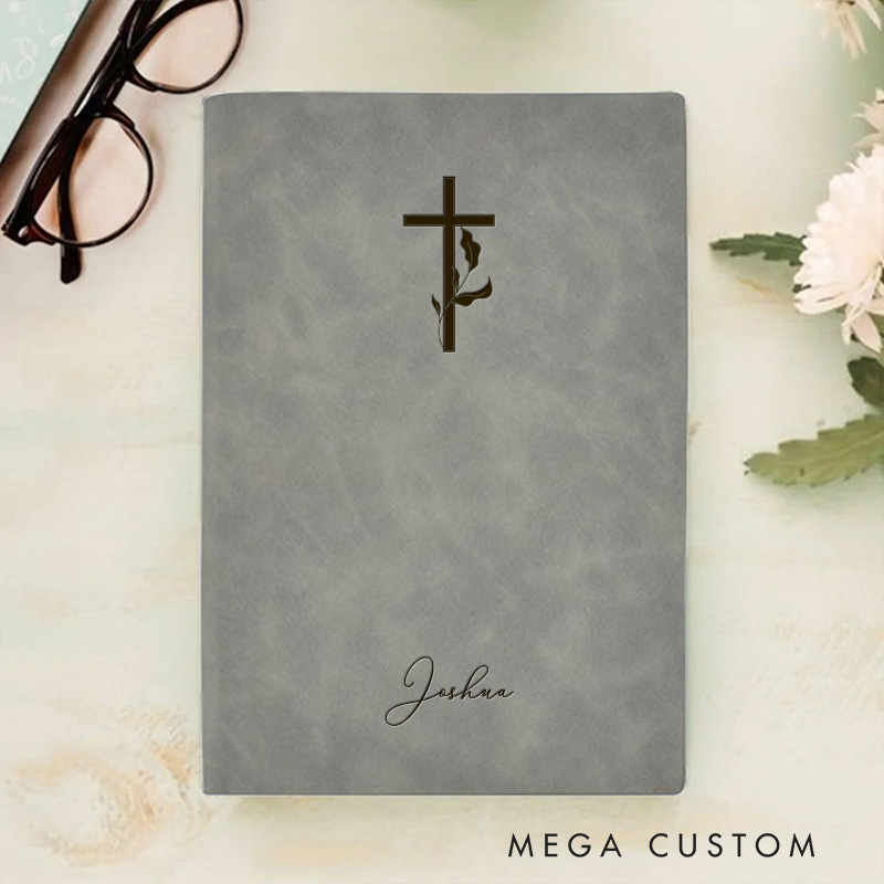 Personalized Cross with Leaves Prayer Journal A5 Leather Notebook with Name Religious Journal for Men Women Birthday Easter Christmas Gift for Christians