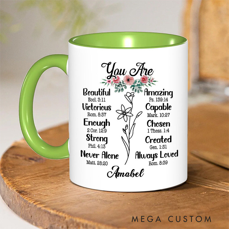 Personalized You Are Christian Ceramic Inner Color Mug with Name Bible Verse Coffee Mug Inspirational Gift Religious Gift Christian Gift for Women