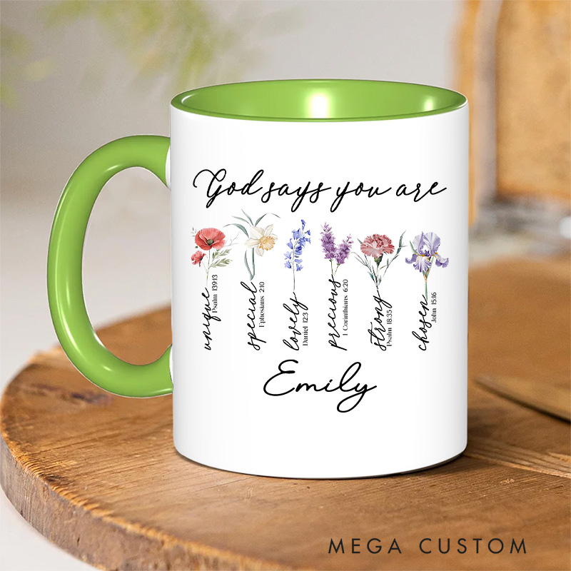 Personalized God Says You Are Christian Ceramic Inner Color Mug with Name Bible Verse Mug Inspirational Gift Religious Gift Christian Gift for Women