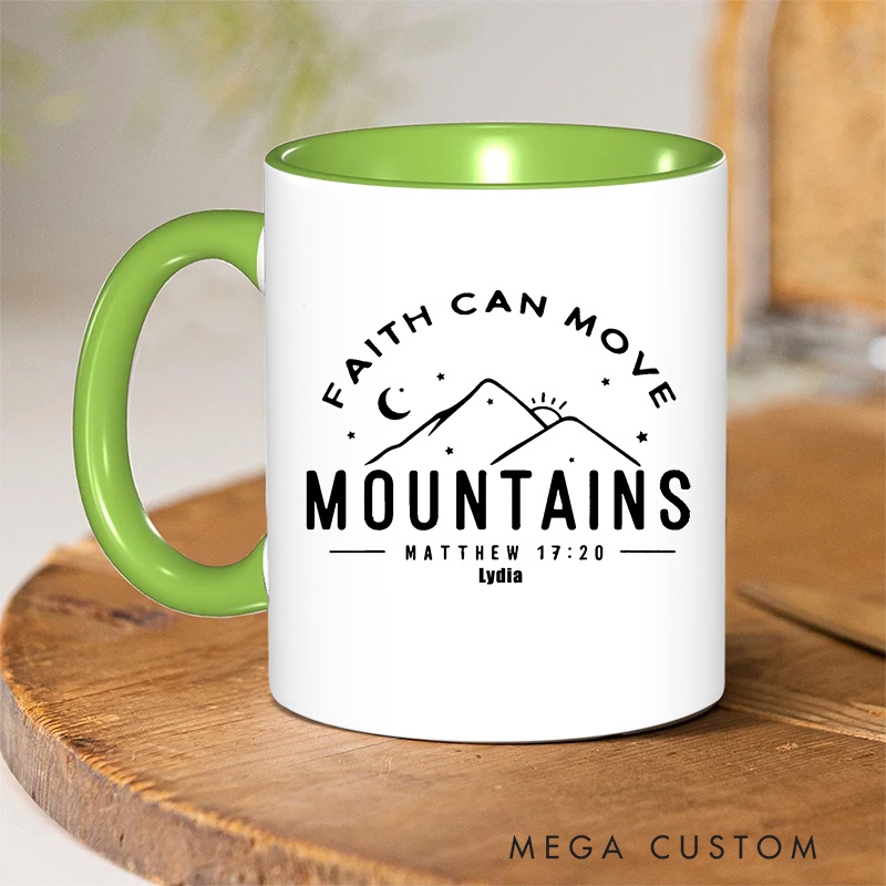 Personalized Faith Can Move Mountains Bible Verse Ceramic Inner Color Mug with Mountains and Stars Pattern Custom Name Mug Birthday Gift for Christians