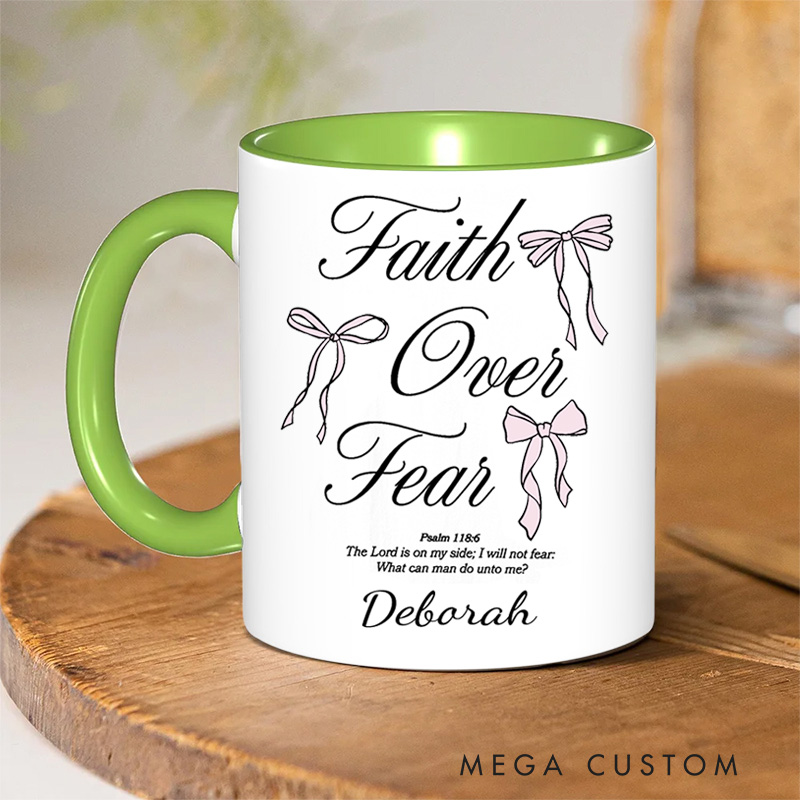 Personalized Faith Over Fear Bible Verse Inner Color Ceramic Mug with Name Birthday Religious Inspirational Gift for Christian