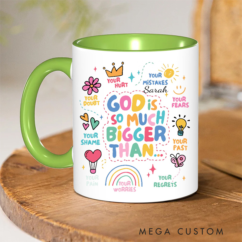Personalized God Is Bigger Bible Verse Inner Color Ceramic Mug with Name Birthday Religious Inspirational Gift for Christian